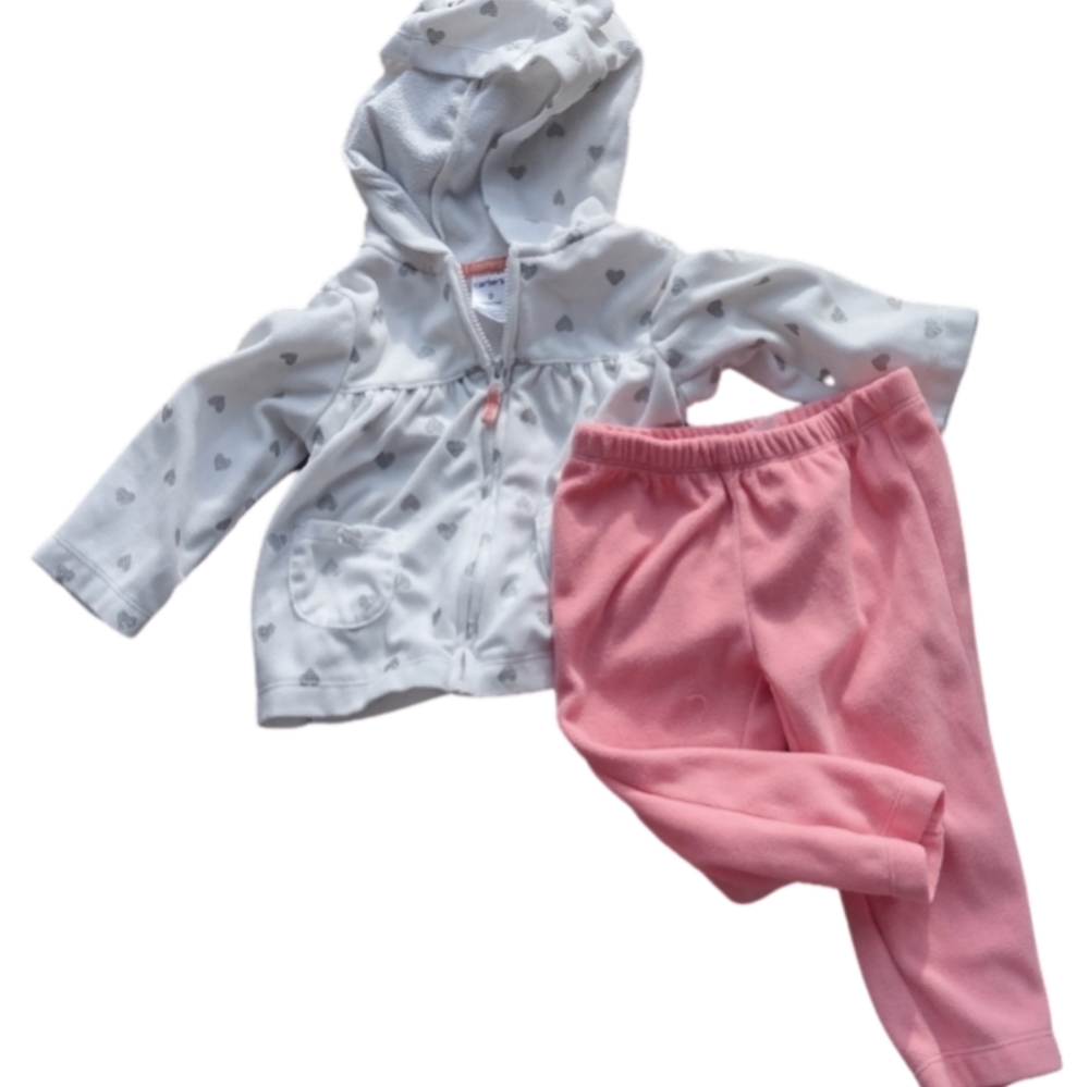 X) Carter’s Baby Girl Outfit 9M White Heart Hoodie Jacket Pink Pants Set 2 Piece